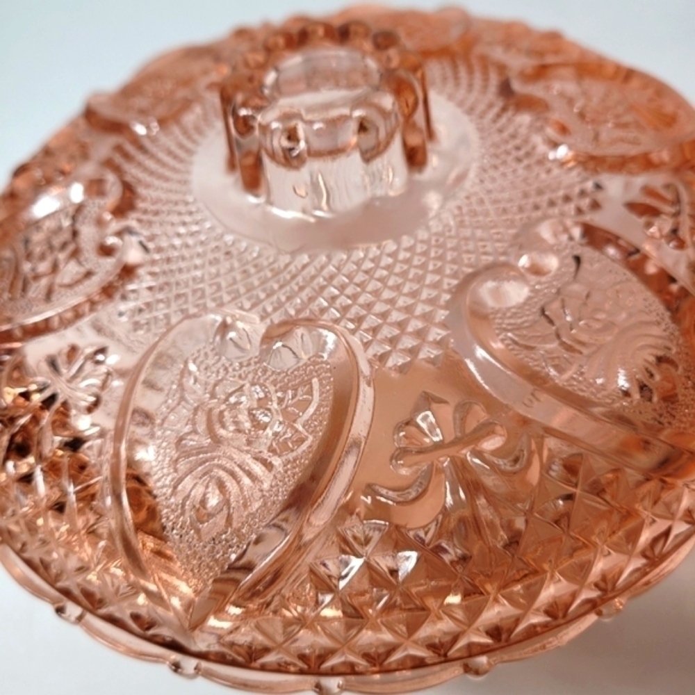 Vintage Glass KIG Indonesian Glass Candy Dish Pink Hearts Pattern - Picture 3 of 12